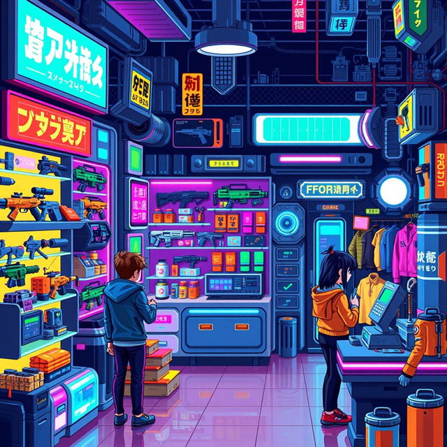 A vibrant pixel art representation of a futuristic cyberpunk shop, showcasing various neon-lit items for sale such as holographic gadgets, sleek weaponry, and vibrant clothing