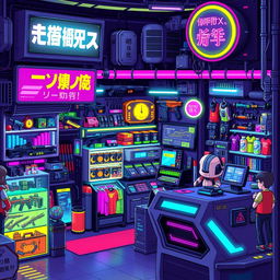 A vibrant pixel art representation of a futuristic cyberpunk shop, showcasing various neon-lit items for sale such as holographic gadgets, sleek weaponry, and vibrant clothing