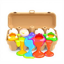 A vibrant 8-bit style egg carton, made of light brown cardboard, featuring 10 cracked eggs