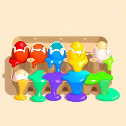 A vibrant 8-bit style egg carton, made of light brown cardboard, featuring 10 cracked eggs