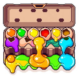 A vibrant 8-bit style egg carton, made of light brown cardboard, featuring 10 cracked eggs