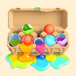 A vibrant 8-bit style egg carton, made of light brown cardboard, featuring 10 cracked eggs