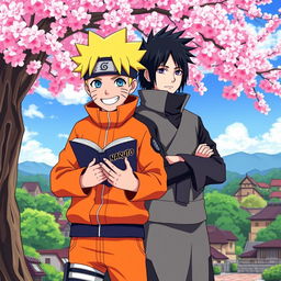 Naruto Uzumaki holding a book while standing next to Sasuke Uchiha in a vibrant, colorful anime style