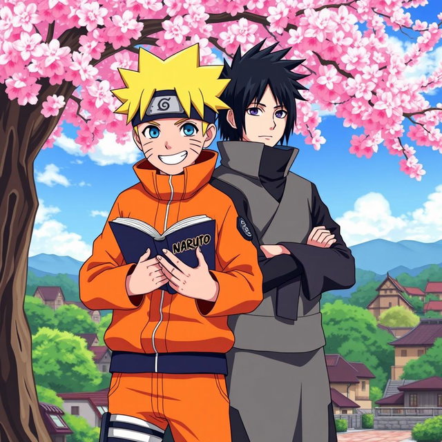 Naruto Uzumaki holding a book while standing next to Sasuke Uchiha in a vibrant, colorful anime style