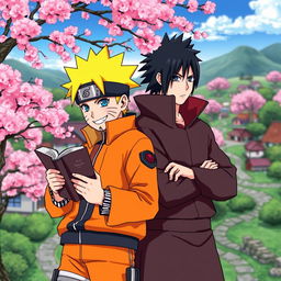Naruto Uzumaki holding a book while standing next to Sasuke Uchiha in a vibrant, colorful anime style