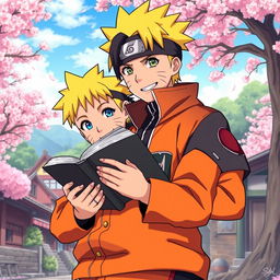 Naruto Uzumaki holding a book while standing next to Sasuke Uchiha in a vibrant, colorful anime style