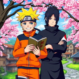 Naruto Uzumaki holding a book while standing next to Sasuke Uchiha in a vibrant, colorful anime style