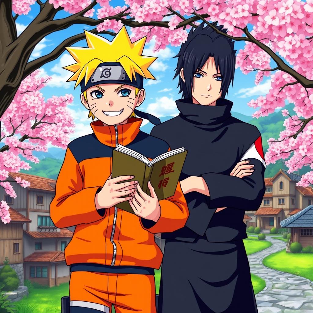 Naruto Uzumaki holding a book while standing next to Sasuke Uchiha in a vibrant, colorful anime style
