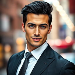 A handsome man with chiseled features, strong jawline, and a confident smile