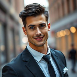 A handsome man with chiseled features, strong jawline, and a confident smile