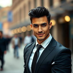 A handsome man with chiseled features, strong jawline, and a confident smile