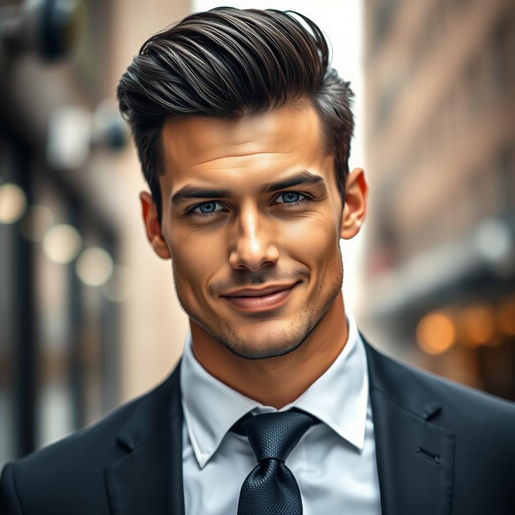 A handsome man with chiseled features, strong jawline, and a confident smile