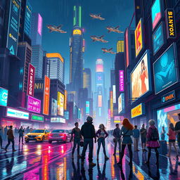 A vibrant pixel art scene set in a futuristic cyberpunk city