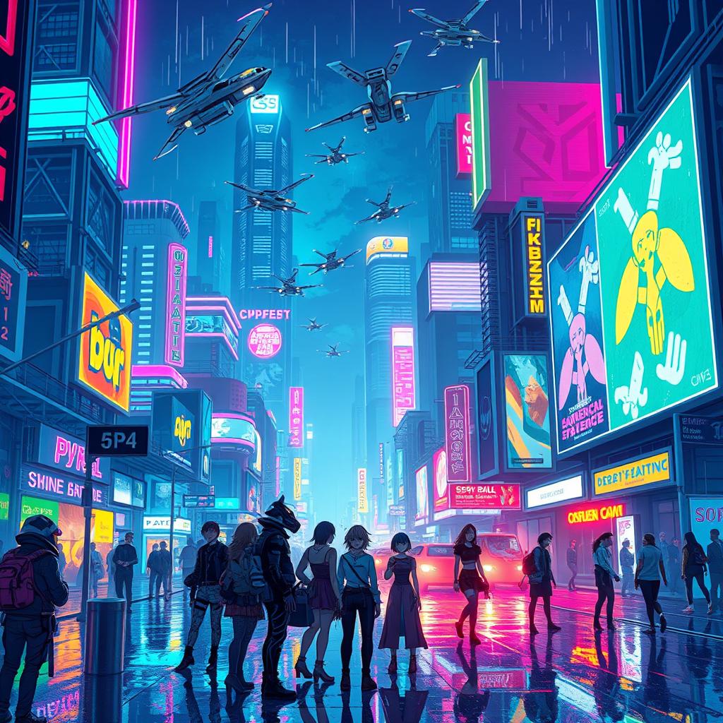 A vibrant pixel art scene set in a futuristic cyberpunk city