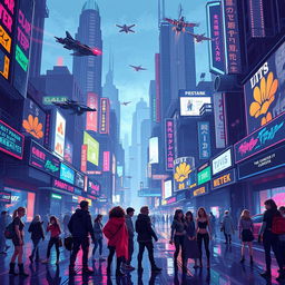A vibrant pixel art scene set in a futuristic cyberpunk city