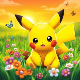 A beautifully designed and adorable Pikachu, with large expressive eyes and cute rosy cheeks, sitting in a vibrant green grassy field