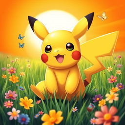 A beautifully designed and adorable Pikachu, with large expressive eyes and cute rosy cheeks, sitting in a vibrant green grassy field