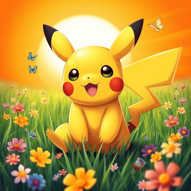A beautifully designed and adorable Pikachu, with large expressive eyes and cute rosy cheeks, sitting in a vibrant green grassy field