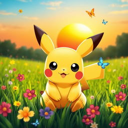 A beautifully designed and adorable Pikachu, with large expressive eyes and cute rosy cheeks, sitting in a vibrant green grassy field