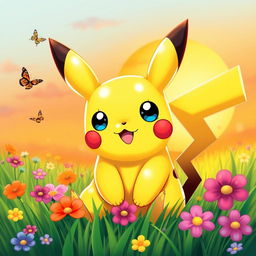 A beautifully designed and adorable Pikachu, with large expressive eyes and cute rosy cheeks, sitting in a vibrant green grassy field