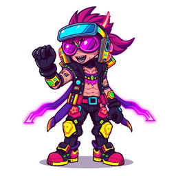 A detailed and colorful pixel art human sprite designed in a vibrant cyberpunk theme