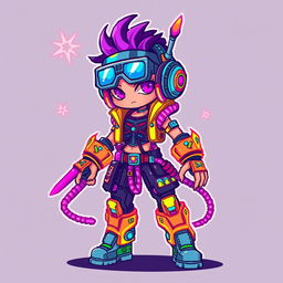 A detailed and colorful pixel art human sprite designed in a vibrant cyberpunk theme