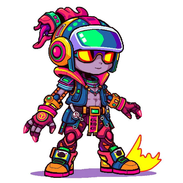 A detailed and colorful pixel art human sprite designed in a vibrant cyberpunk theme