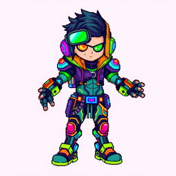 A detailed and colorful pixel art human sprite designed in a vibrant cyberpunk theme