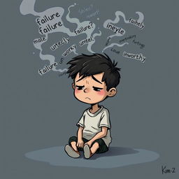 A gloomy and melancholic cartoon scene featuring a young boy sitting alone, looking introspective and burdened with heavy thoughts