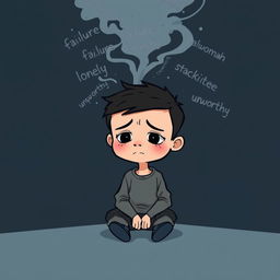 A gloomy and melancholic cartoon scene featuring a young boy sitting alone, looking introspective and burdened with heavy thoughts