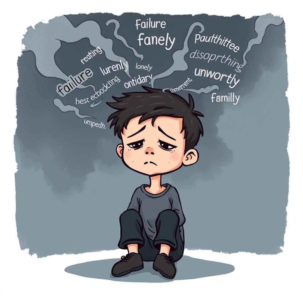 A gloomy and melancholic cartoon scene featuring a young boy sitting alone, looking introspective and burdened with heavy thoughts