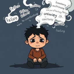 A gloomy and melancholic cartoon scene featuring a young boy sitting alone, looking introspective and burdened with heavy thoughts