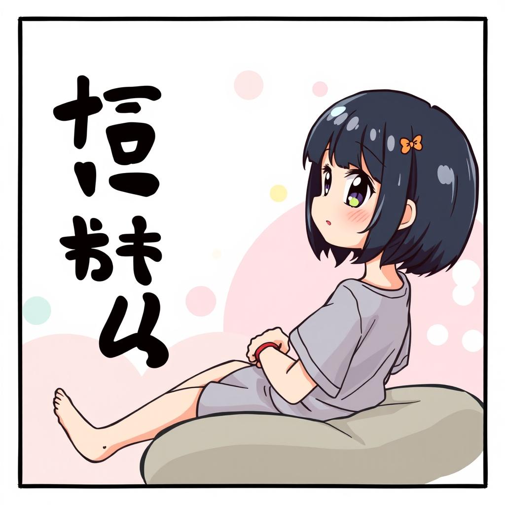 A cute comic art illustration of a short black-haired girl with a playful expression, sitting comfortably