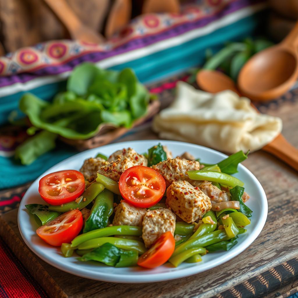 A vibrant and colorful scene showcasing a plate of Romazava, a traditional Malagasy dish