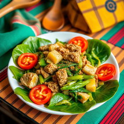A vibrant and colorful scene showcasing a plate of Romazava, a traditional Malagasy dish