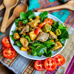 A vibrant and colorful scene showcasing a plate of Romazava, a traditional Malagasy dish