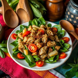 A vibrant and colorful scene showcasing a plate of Romazava, a traditional Malagasy dish
