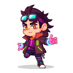 A pixel art 2D sprite of a human character, designed in a vibrant and colorful cyberpunk style