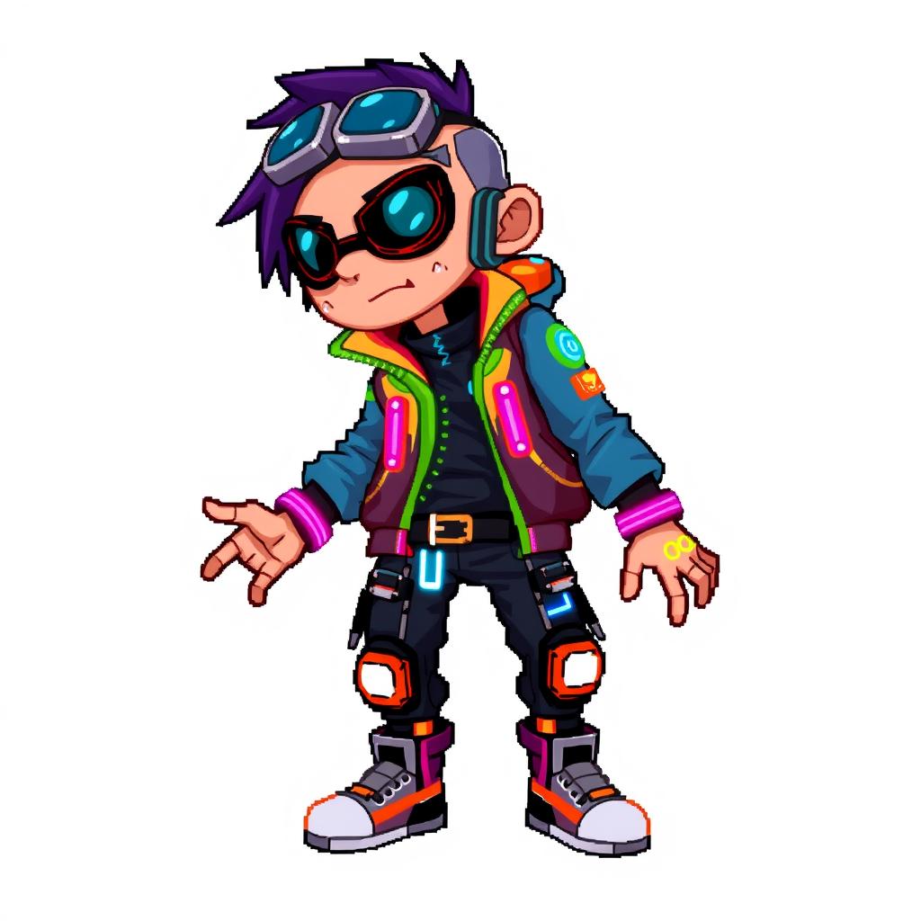 A pixel art 2D sprite of a human character, designed in a vibrant and colorful cyberpunk style