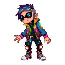 A pixel art 2D sprite of a human character, designed in a vibrant and colorful cyberpunk style