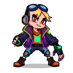 A pixel art 2D sprite of a human character, designed in a vibrant and colorful cyberpunk style