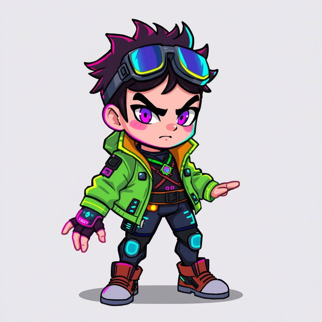 A pixel art 2D sprite of a human character, designed in a vibrant and colorful cyberpunk style