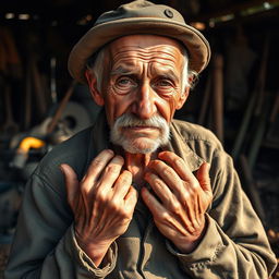 An elderly man with weathered hands and a tired yet determined expression, showcasing the essence of hard work
