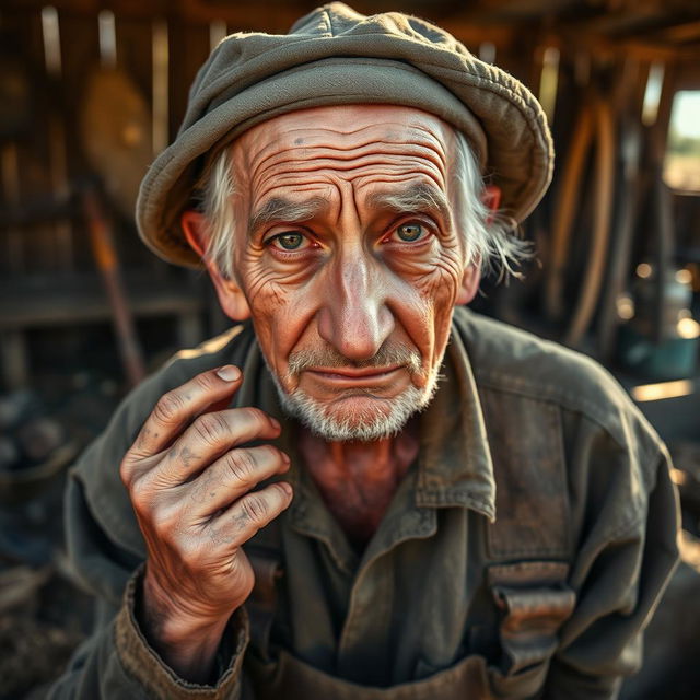 An elderly man with weathered hands and a tired yet determined expression, showcasing the essence of hard work
