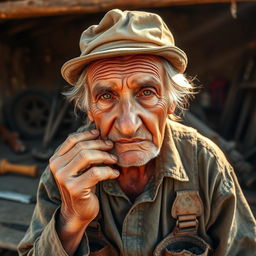 An elderly man with weathered hands and a tired yet determined expression, showcasing the essence of hard work