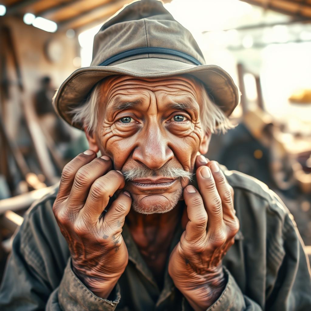 An elderly man with weathered hands and a tired yet determined expression, showcasing the essence of hard work
