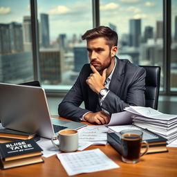 A thoughtful man sitting at a desk filled with financial documents, a laptop open with stock market charts on the screen