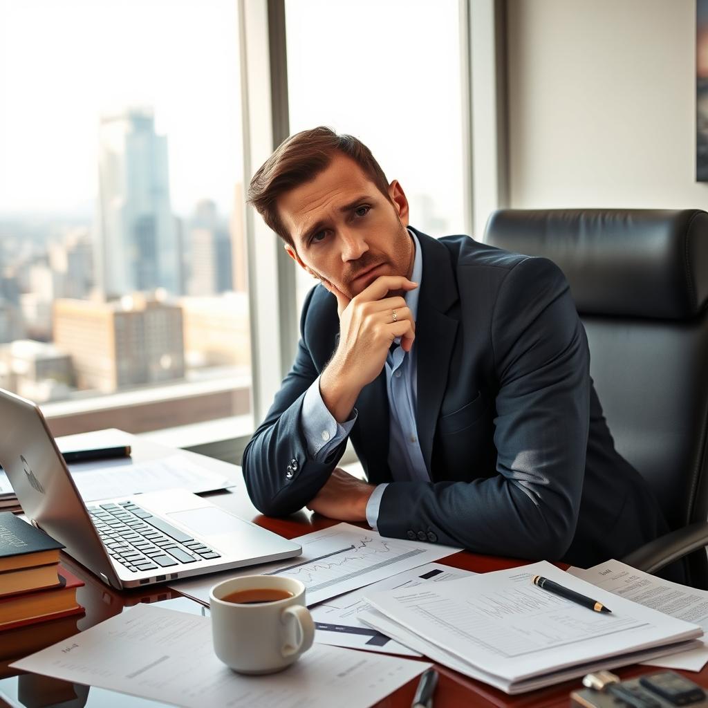 A thoughtful man sitting at a desk filled with financial documents, a laptop open with stock market charts on the screen