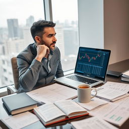 A thoughtful man sitting at a desk filled with financial documents, a laptop open with stock market charts on the screen
