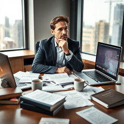 A thoughtful man sitting at a desk filled with financial documents, a laptop open with stock market charts on the screen
